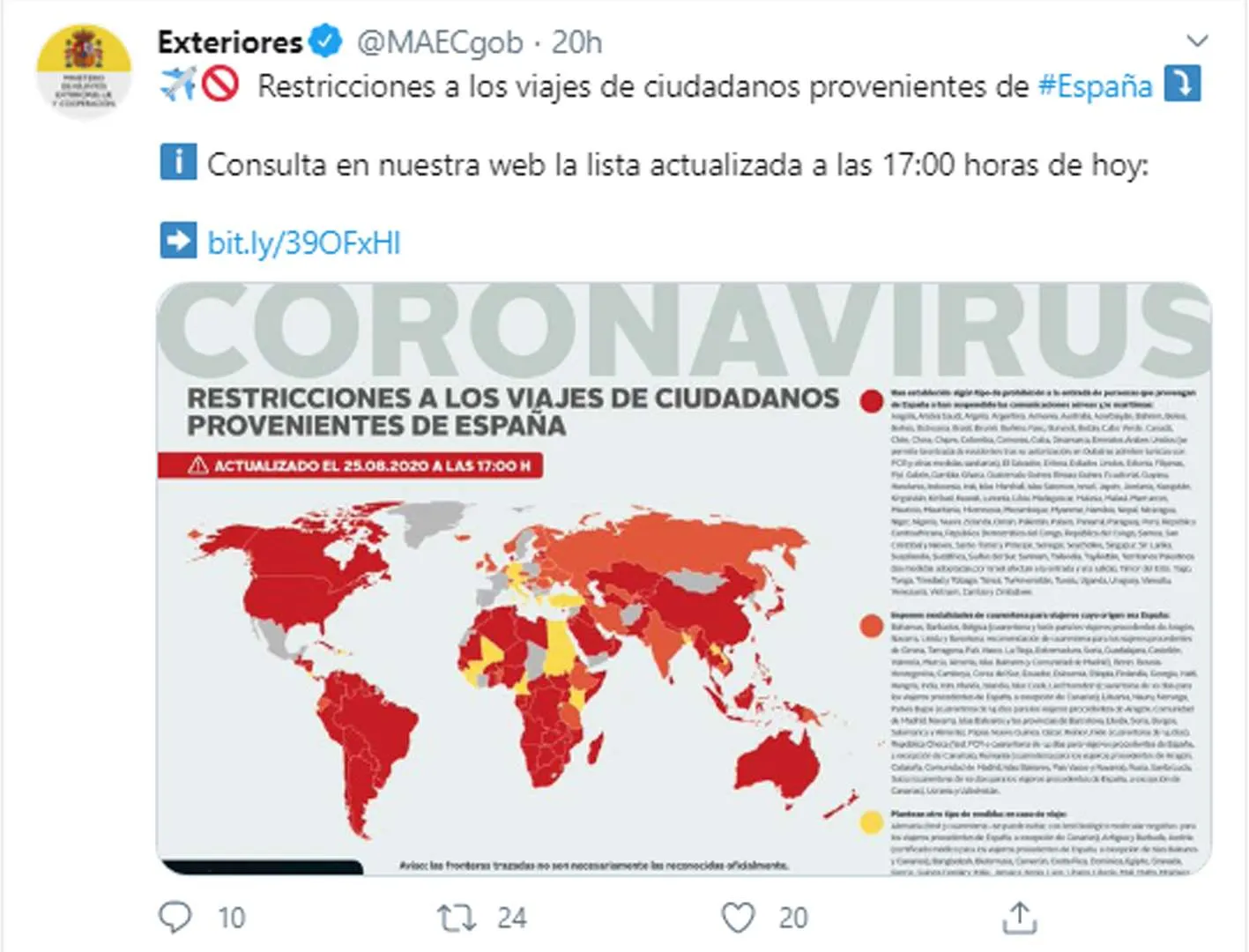 viajar fuera de España. Países con restricciones COVID19